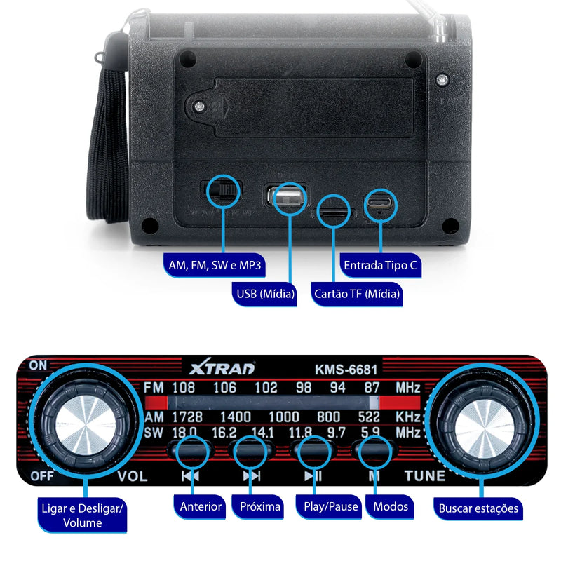 Rádio Retro Bluetooth Vintage Portátil FM Xtrad