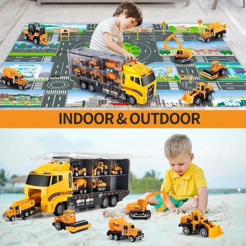 TEMI Big Container Transporter Playset com Play Mat: Mini Veículos de Engenharia - Brinquedos Modelo de Carro para Crianças - Presentes para Meninos (6Pcs)