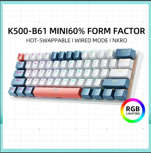 Machenike K500-B61 Mini Teclado Mecânico Formato 60% com Fio, Teclas Removíveis, Retroiluminação RGB, 61 Teclas para Jogos.