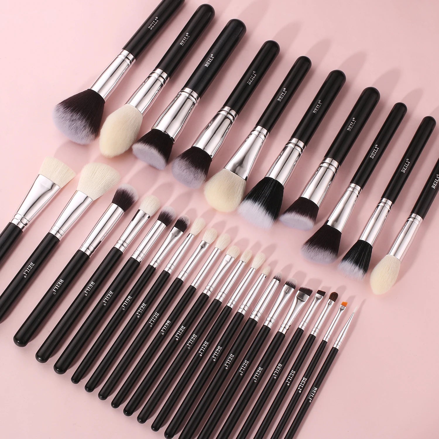 Conjunto Profissional de Pincéis de Maquiagem BEILI em Preto: Cerdas Naturais de Cabra para Base, Pó, Contorno e Sombra de Olhos