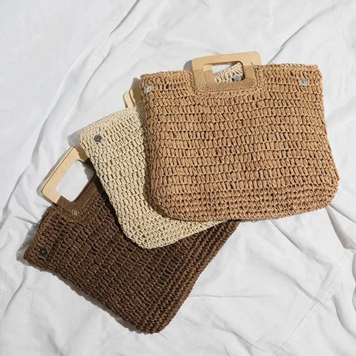 Bolsa de mão de madeira feminina, bolsa de palha trançada à mão, grande capacidade, feita à mão, retrô, praia