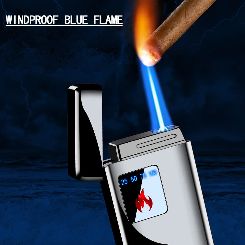 Electricidade Chama Azul Ice Plating Display Digital Power Touch Sensor Windproof Jet Cigar Torch Isqueiro Sem Gás