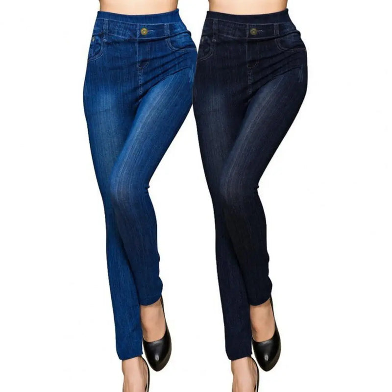 Calça jeans feminina de cintura alta, bolsos elásticos, calças de botão, calças sem costura