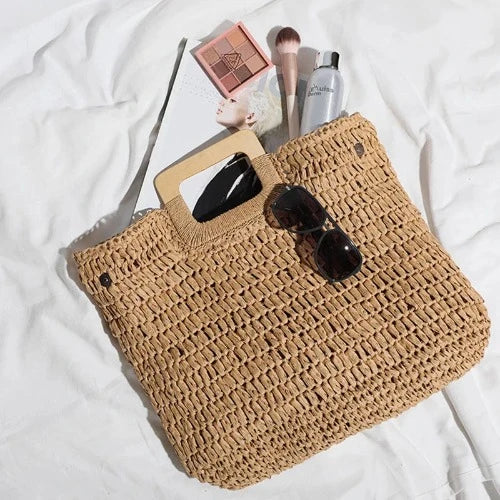 Bolsa de mão de madeira feminina, bolsa de palha trançada à mão, grande capacidade, feita à mão, retrô, praia