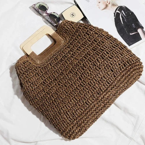 Bolsa de mão de madeira feminina, bolsa de palha trançada à mão, grande capacidade, feita à mão, retrô, praia