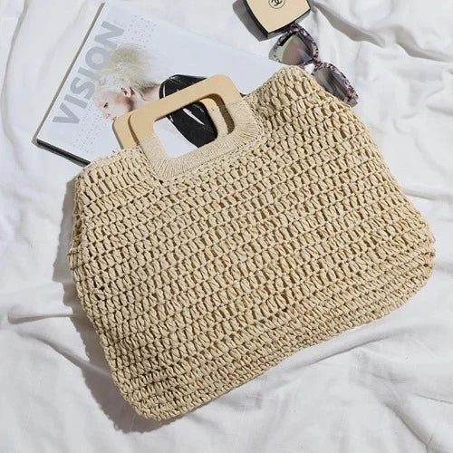 Bolsa de mão de madeira feminina, bolsa de palha trançada à mão, grande capacidade, feita à mão, retrô, praia