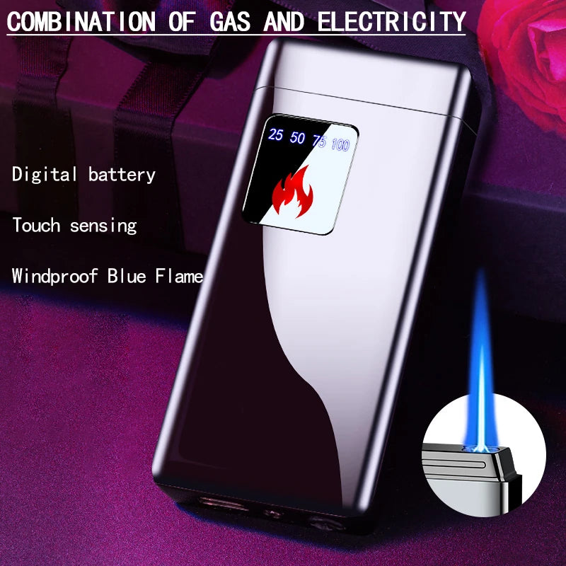 Electricidade Chama Azul Ice Plating Display Digital Power Touch Sensor Windproof Jet Cigar Torch Isqueiro Sem Gás