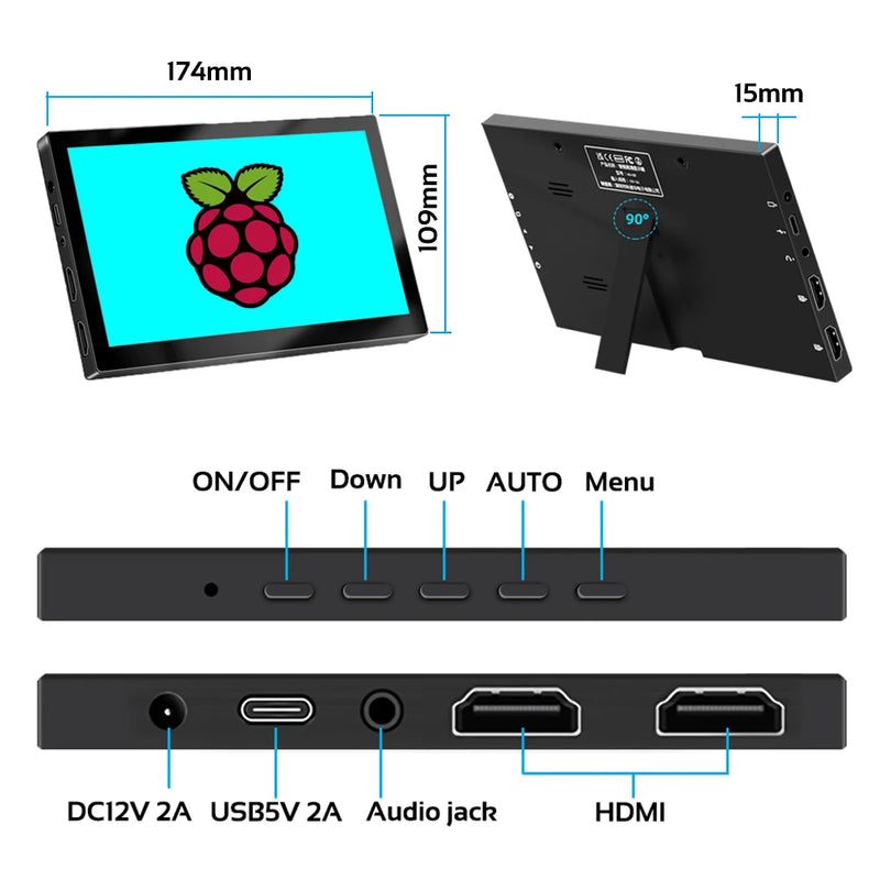 Ecrã Tátil Capacitivo para Raspberry Pi, Compatível com Windows HDMI, Monitor Portátil, Display LCD, 5 Pontos, 1024x600 TFT, 60Hz, 7 polegadas