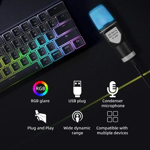 Microfone USB SF666R RGB: Condensador com Fio - Ideal para Jogos, Podcasts e Gravações em Estúdio