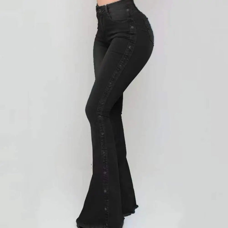 Elegante jeans flare para mulheres, controle de barriga, skin-touch, skinny flare jeans, calças jeans de perna larga