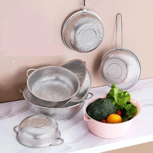 Escorredor de Aço Inoxidável com Alça: Cesta para Lavar e Filtrar Frutas, Arroz e Vegetais - Ferramenta de Cozinha e Armazenamento
