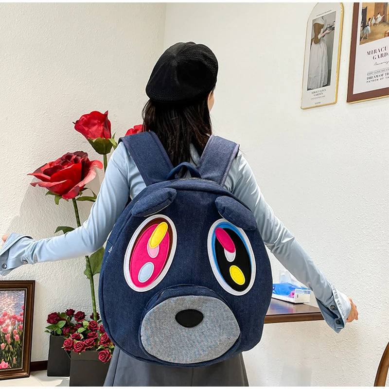Mochila Urso de Grande Capacidade para Estudante Feminina, Sacos De Costura Bonitos Dos Desenhos Animados, Saco De Viagem Azul Jeans, Versão Coreana, Cara Grande