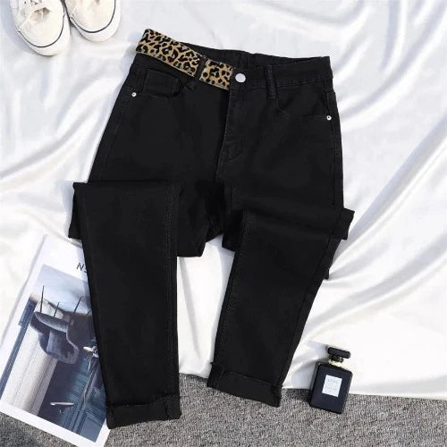 Calça jeans clássica Cintura Alta Leopardo Impressão Lápis Magro Denim Calças Primavera Outono Magro Streetwear Mulheres Calças Jeans Tornozelo-comprimento