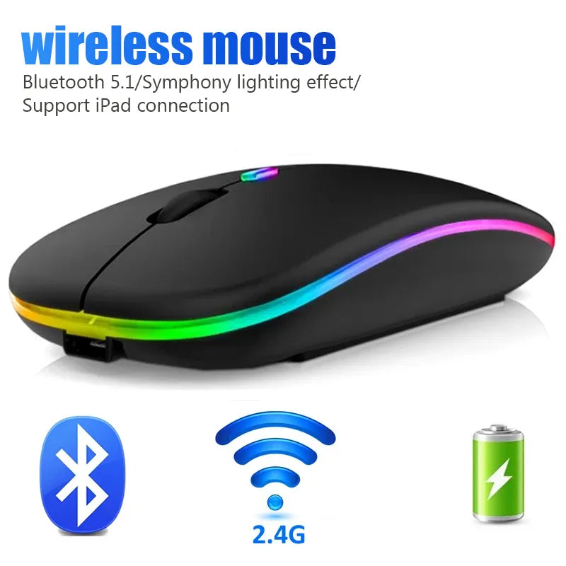 Mouse sem fio para laptop e PC: Bluetooth RGB, recarregável, silencioso, com LED retroiluminado, ergonômico para jogos