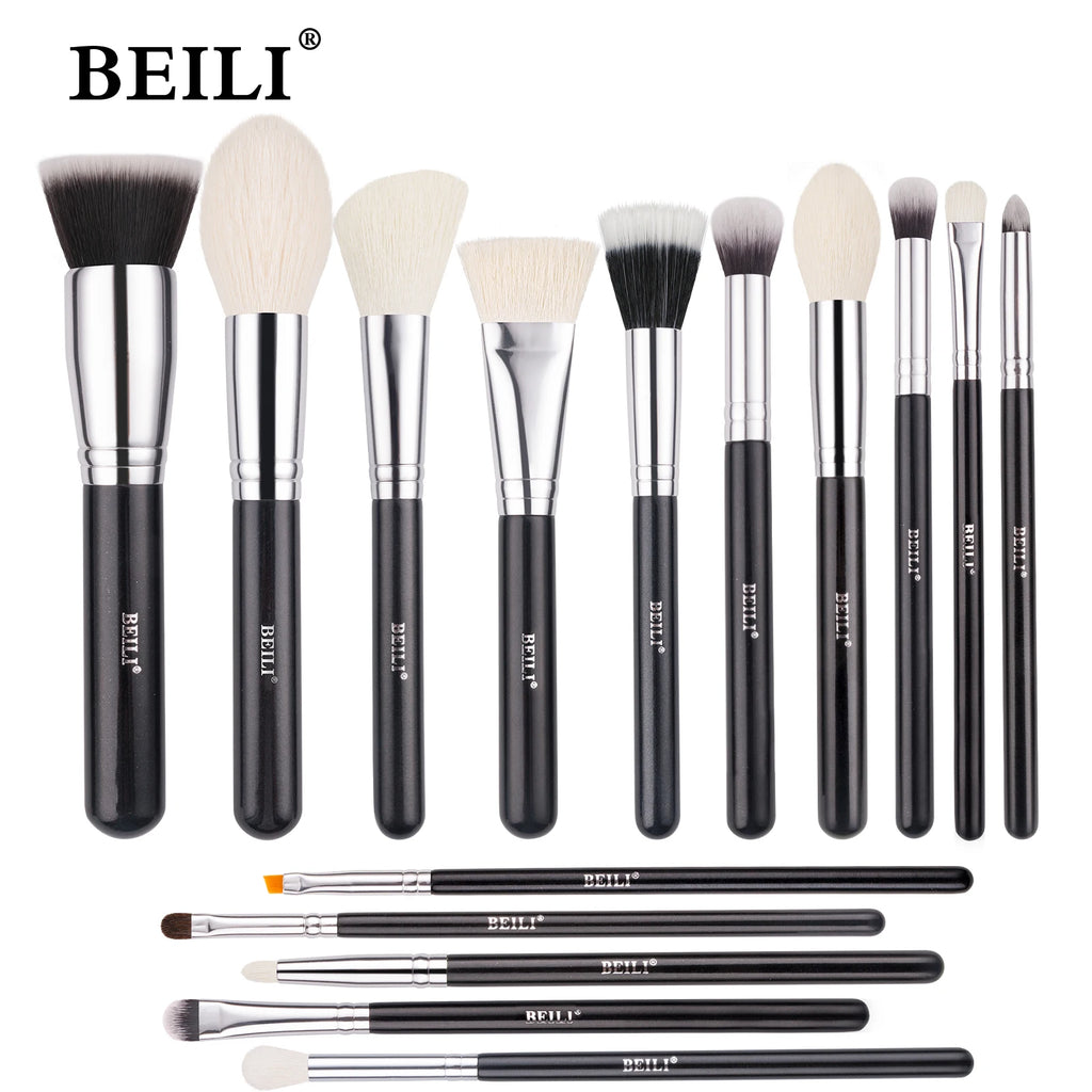 Conjunto Profissional de Pincéis de Maquiagem BEILI em Preto: Cerdas Naturais de Cabra para Base, Pó, Contorno e Sombra de Olhos