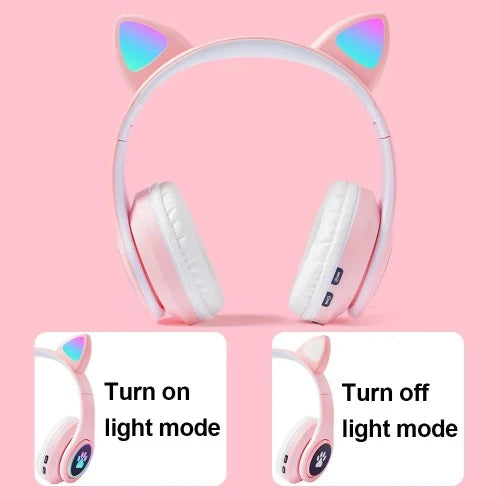 Fone de ouvido sem fio orelhas de gato fones de ouvido com microfone azul-dente brilho luz pc telefone gaming headset crianças presentes da menina do gamer
