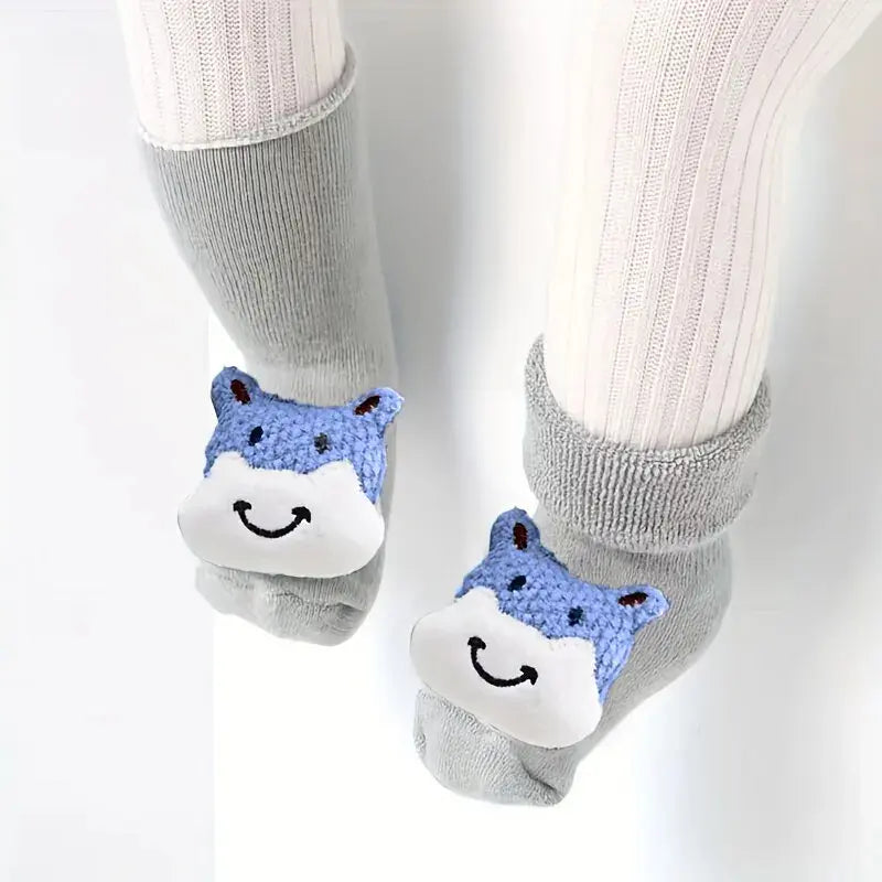 1 Par de Meias de Algodão Cinza para Bebê com Design 3D de Animal, Anti-Derrapantes e Confortáveis para Uso Diário