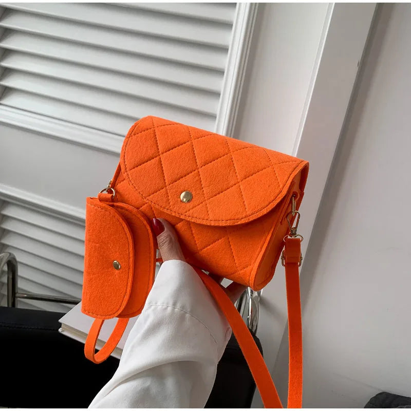Mini bolsa transversal de feltro para mulheres, bolsa losango luxuosa com bolsa extra, bolsa de ombro high-end, fivela de cor sólida, bolsa para telefone, moda