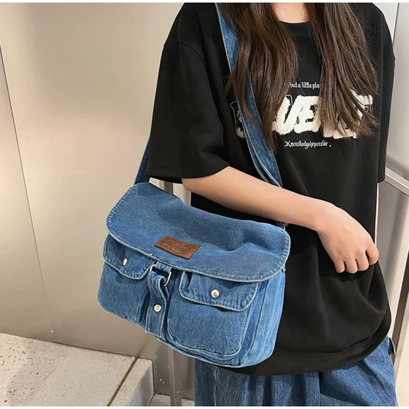 Bolsa mensageiro de bolso duplo para mulheres, bolsa de lona jeans vintage, bolsa de ombro japonesa, grande capacidade, versátil casual