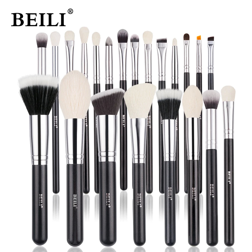 Conjunto Profissional de Pincéis de Maquiagem BEILI em Preto: Cerdas Naturais de Cabra para Base, Pó, Contorno e Sombra de Olhos