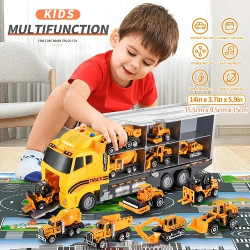 TEMI Big Container Transporter Playset com Play Mat: Mini Veículos de Engenharia - Brinquedos Modelo de Carro para Crianças - Presentes para Meninos (6Pcs)