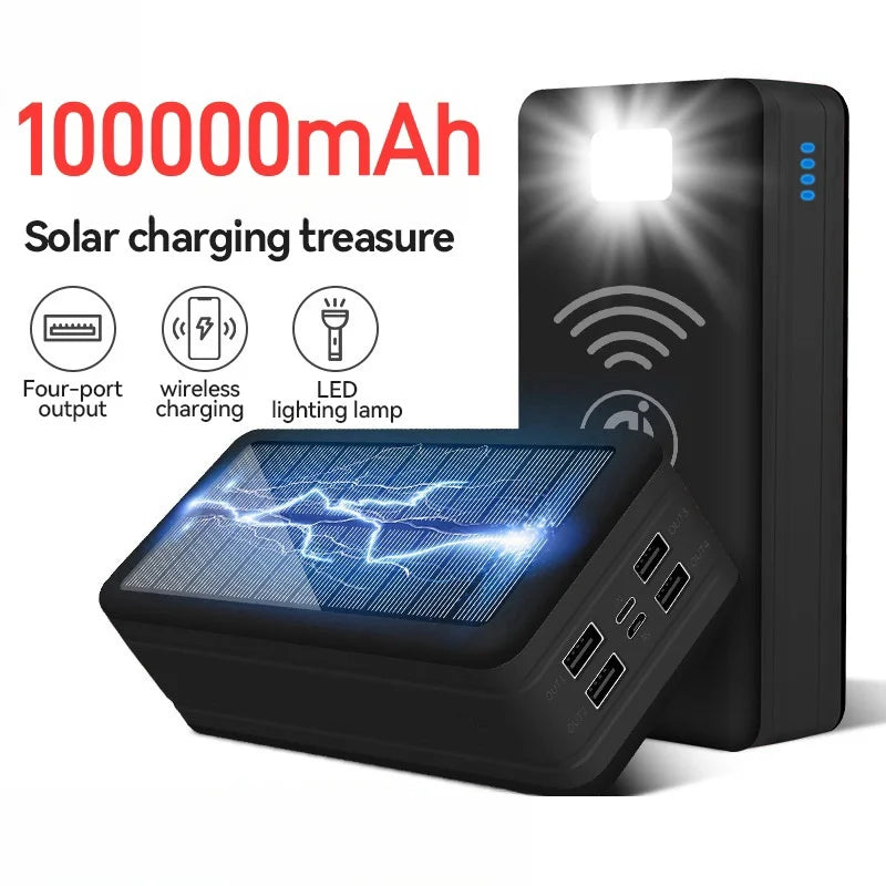 Banco de energia solar do telefone móvel, carregamento sem fio, grande capacidade, bateria externa, carregamento rápido para viagens e camping, 100000mAh