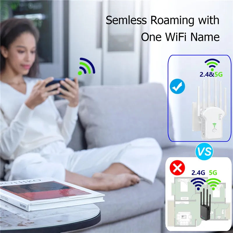 Extensor WiFi Sem Fio De Longo Alcance, WiFi Booster, Amplificador, Repetidor De Sinal, 1200Mbps, 300Mbps, 2.4G, 5Ghz, 802.11N