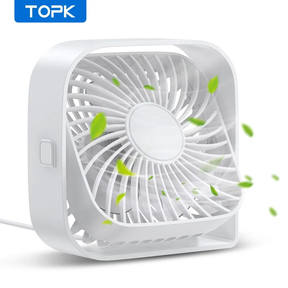 Topk-Mini Portátil USB Desk Fan, Mesa, Silencioso 3 Velocidade Vento Fan pessoal, 360 ° Cabeça Rotativa, Fãs de pé para o quarto, Camping, Hom