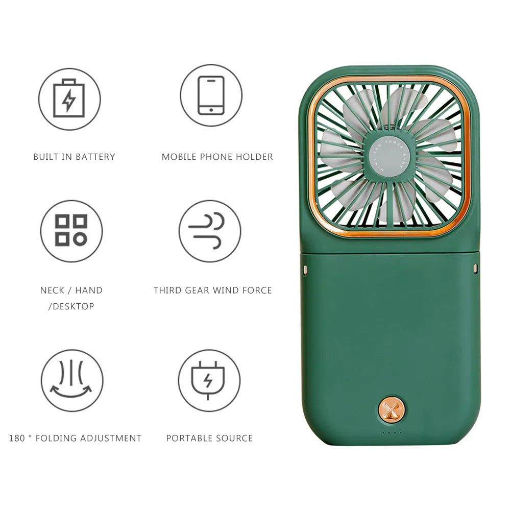 Mini ventilador portátil dobrável para pescoço, acessório de mesa, com carregamento usb, bateria externa de 3000mah, fan multifuncional