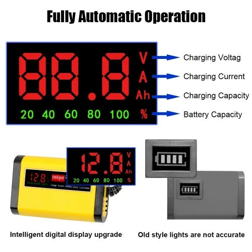 Carregador de bateria de carro totalmente automático, display digital lcd, 2A carregamento rápido, 3 estágios, chumbo ácido, agm, gel