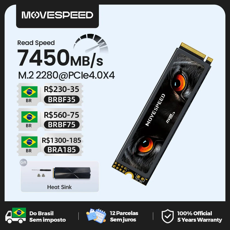 Movespeed 7450 mb/s ssd nvme m.2 2280 4tb 2tb 1tb disco rígido de estado sólido interno m2 pcie 4.0x4 2280 ssd unidade para ps5 computador portátil