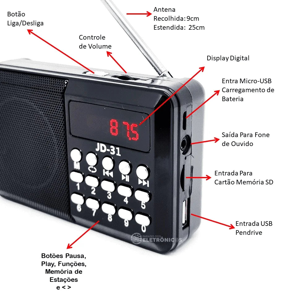 Bluetooth Digital Portable FM Radio, MP3, Pendrive Input and JD31PR Rechargeable Battery Card