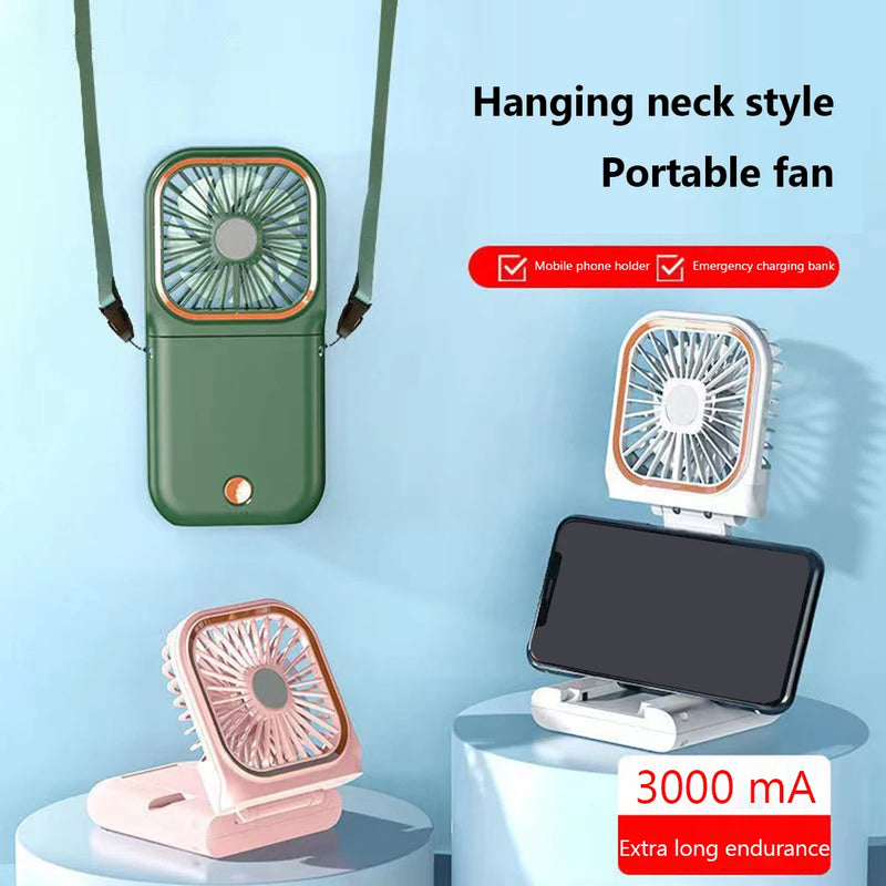 Mini ventilador portátil dobrável para pescoço, acessório de mesa, com carregamento usb, bateria externa de 3000mah, fan multifuncional