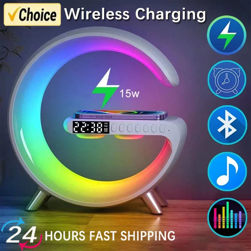 Multifunction Wireless Charger Pad, 15W Estação de Carregamento Rápido, Alto-falante, TF, RGB, Night Light, iPhone, Samsung, Xiaomi, Huawei