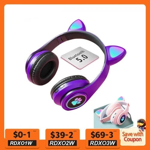 Fone de ouvido sem fio orelhas de gato fones de ouvido com microfone azul-dente brilho luz pc telefone gaming headset crianças presentes da menina do gamer