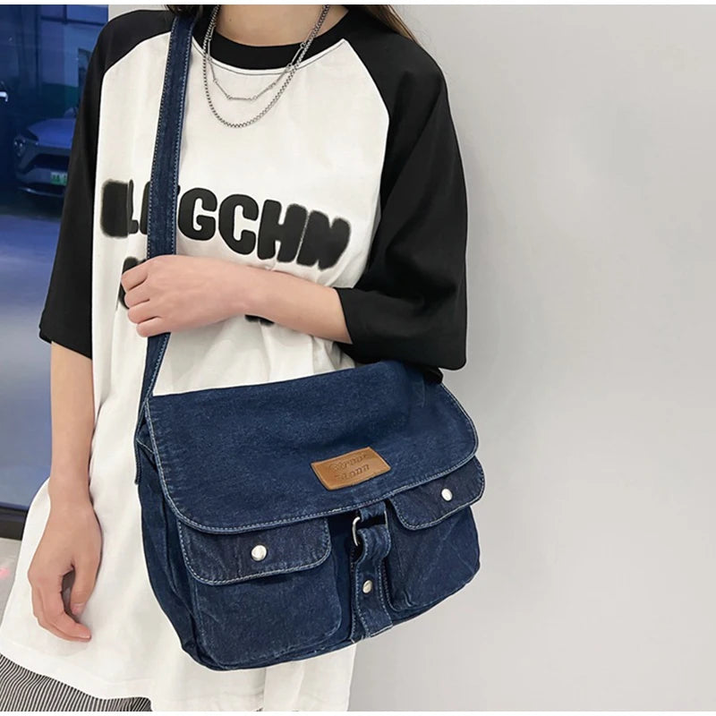 Bolsa mensageiro de bolso duplo para mulheres, bolsa de lona jeans vintage, bolsa de ombro japonesa, grande capacidade, versátil casual