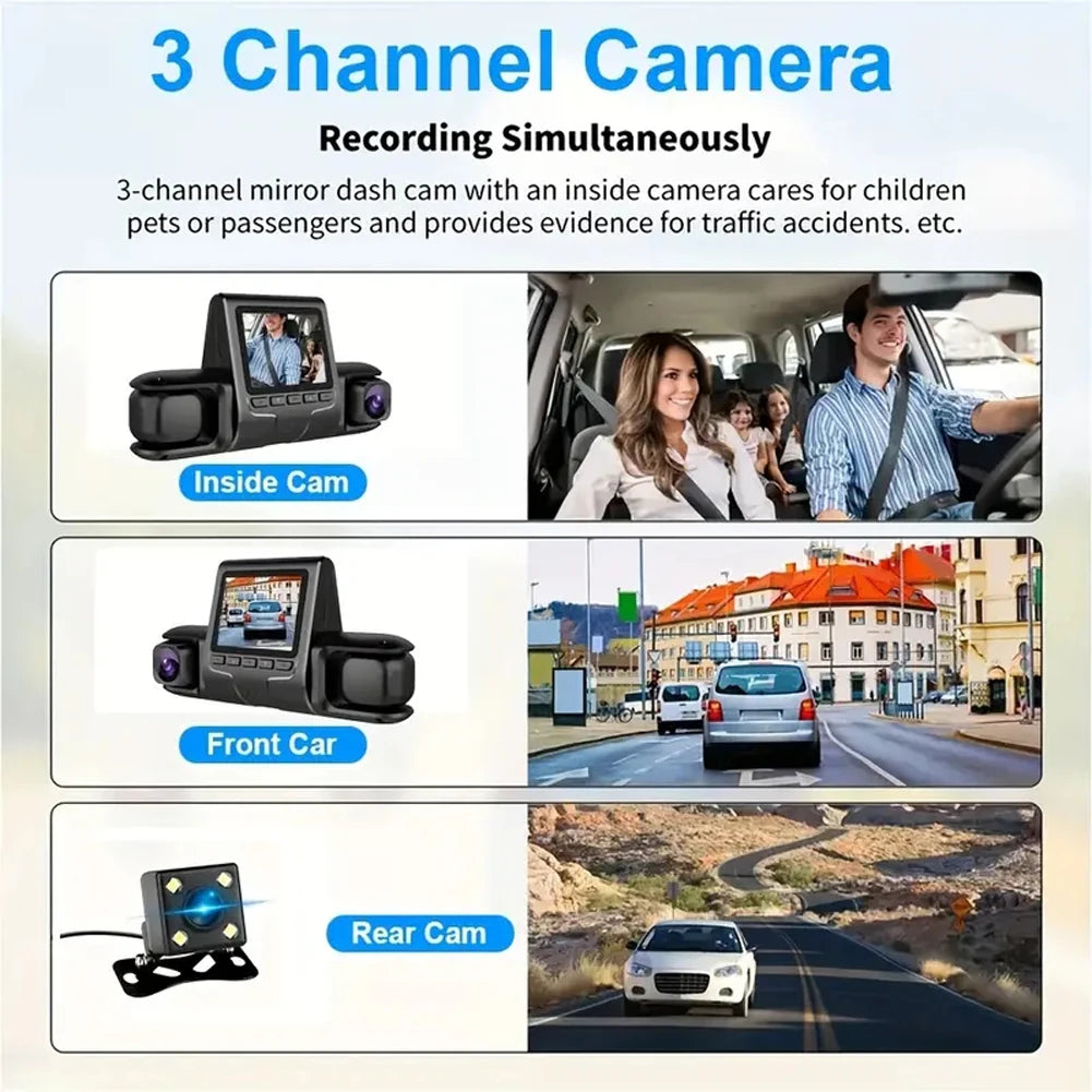Gravador De Vídeo Cam Traço Do Carro, 3 Lentes Da Câmera, DVR HD 1080P, Visão Noturna IR, 3 Canais, Gravação Em Loop, Monitor De Estacionamento 24H