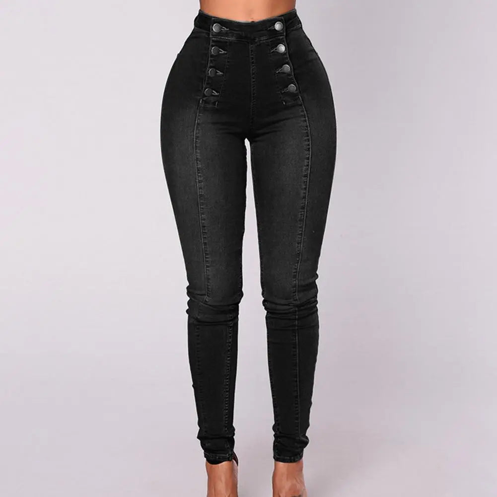 Vintage magro double-breasted cintura alta lápis jeans feminino ajuste fino estiramento denim calças de comprimento total denim calças apertadas