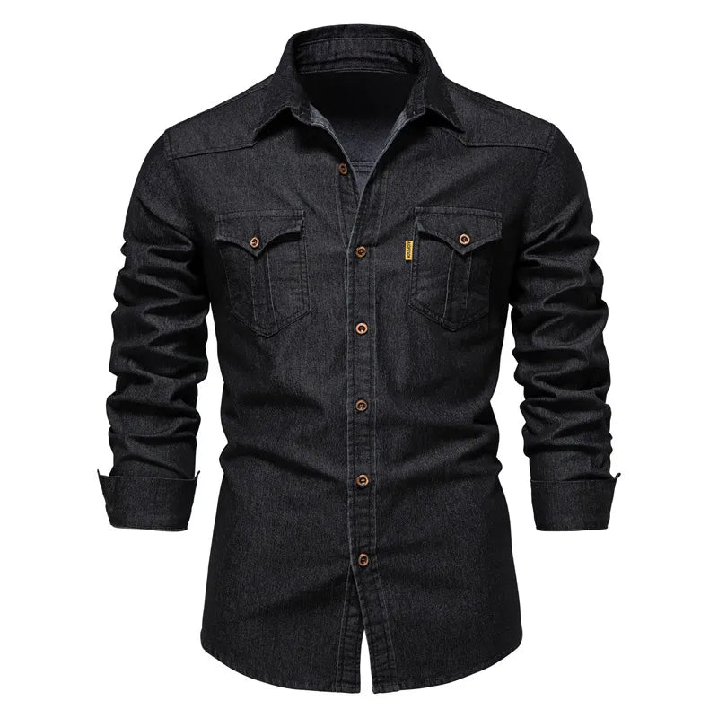 Camisa jeans de algodão elástico masculina, manga comprida, monocromática, camisas de bolso, casual, slim fit, roupas de grife de alta qualidade