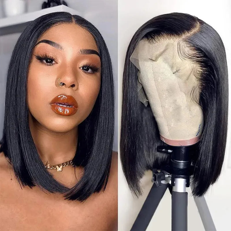 Peruca bob lace front wig sem glueless, curto, reto, 13x4, pre-arrancadas, brasileiro