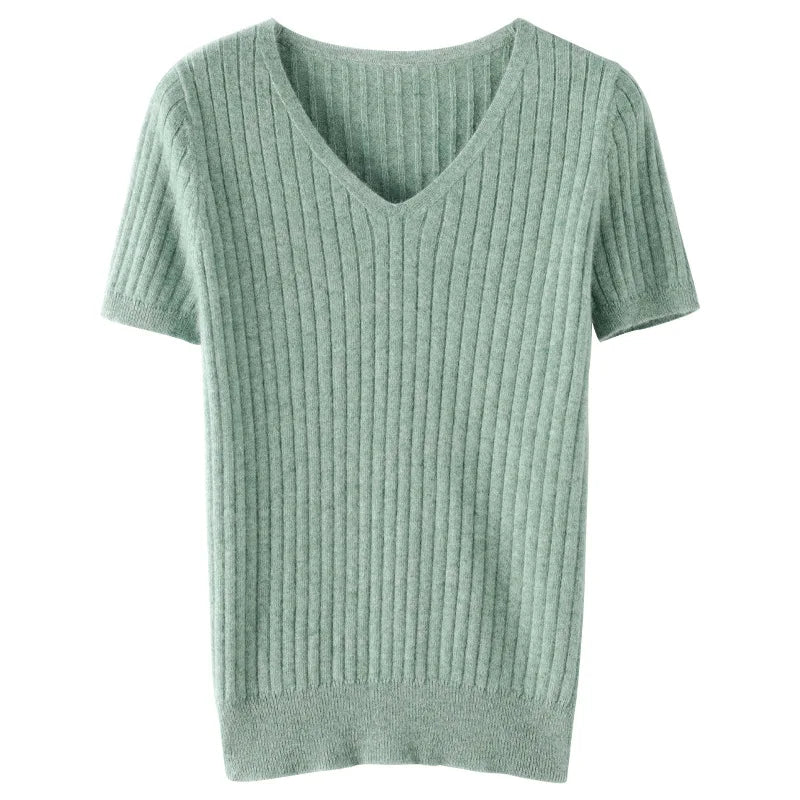 Suéter de manga curta feminino, pulôveres listrados na moda coreana, tops de malha slim fit, macacão casual com gola v, malha primavera e verão, 2023