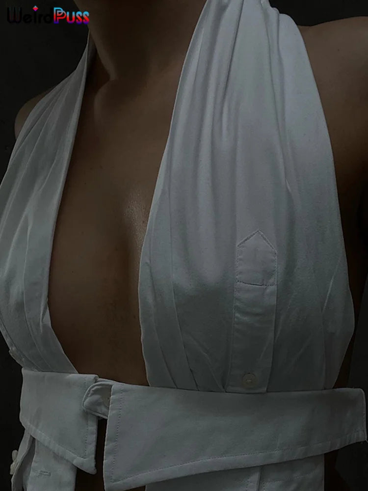 Camisola sem costas com decote em v feminina, Gato estranho, cabeçada de botão, regata magro, elegante, sexy, moda de verão, streetwear selvagem, Y2K, 2022