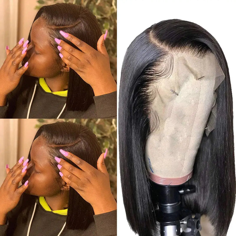 Peruca bob lace front wig sem glueless, curto, reto, 13x4, pre-arrancadas, brasileiro