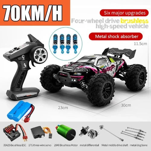 Carro de controle remoto de alta velocidade com farol LED carro RC off road 4WD sem escova caminhão monstro 1/16, brinquedos para meninos, 4x4, 70 km/h