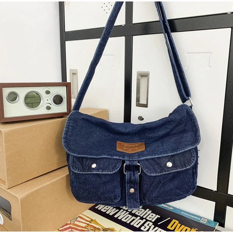 Bolsa mensageiro de bolso duplo para mulheres, bolsa de lona jeans vintage, bolsa de ombro japonesa, grande capacidade, versátil casual