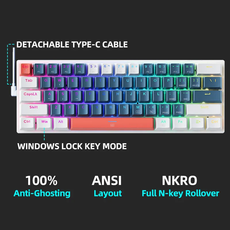 Machenike K500-B61 Mini Teclado Mecânico Formato 60% com Fio, Teclas Removíveis, Retroiluminação RGB, 61 Teclas para Jogos.