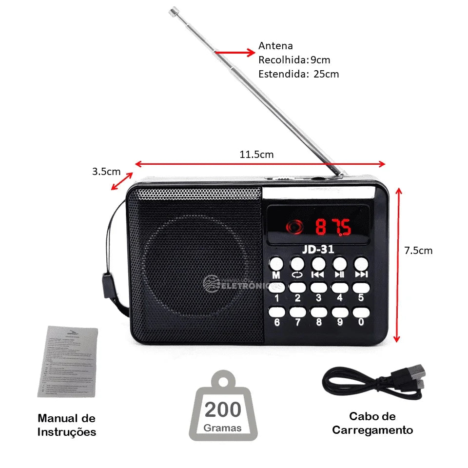Bluetooth Digital Portable FM Radio, MP3, Pendrive Input and JD31PR Rechargeable Battery Card
