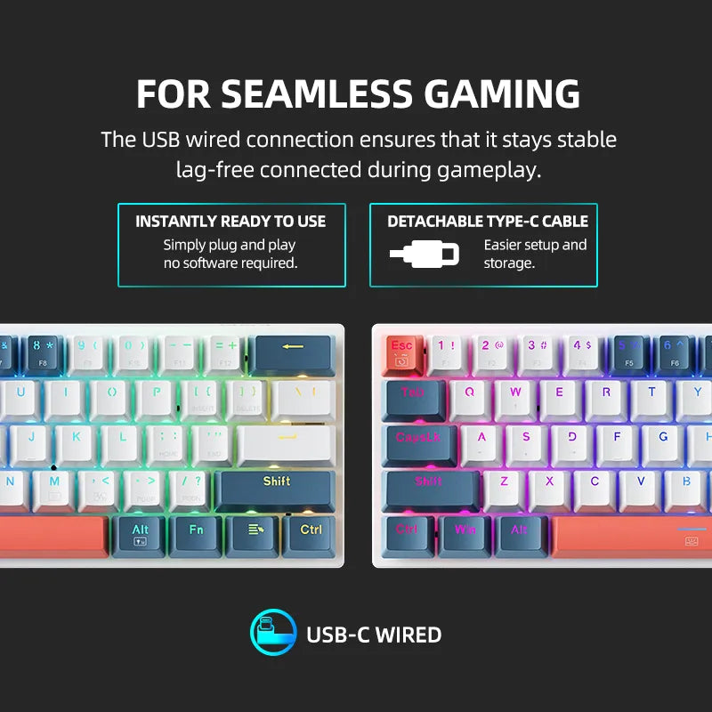 Machenike K500-B61 Mini Teclado Mecânico Formato 60% com Fio, Teclas Removíveis, Retroiluminação RGB, 61 Teclas para Jogos.