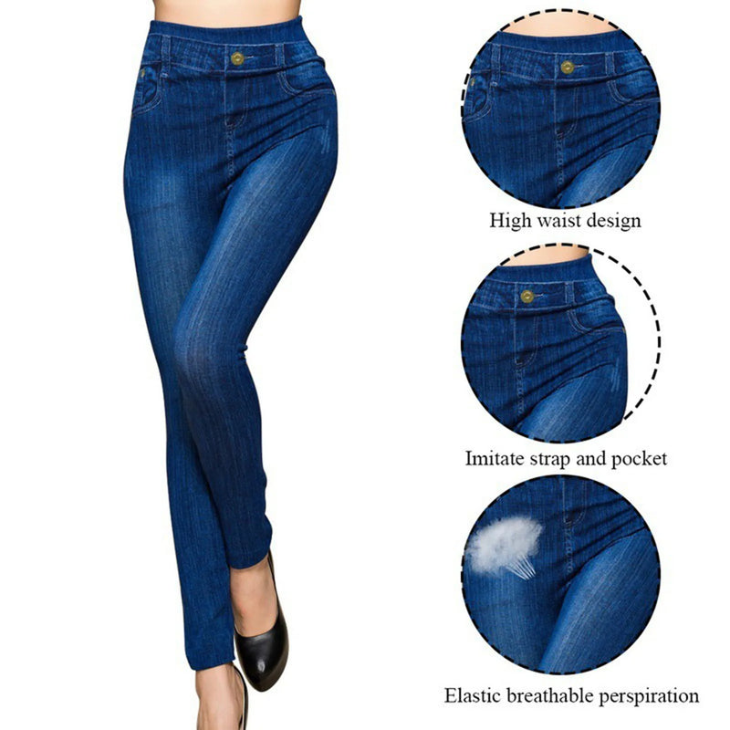 Calça jeans feminina de cintura alta, bolsos elásticos, calças de botão, calças sem costura