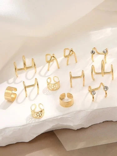 Conjunto de punho de ouvido não perfurante cristal para mulheres, brincos vintage, cor dourada e prata, brincos ocos, joias da moda, atacado, 12 peças